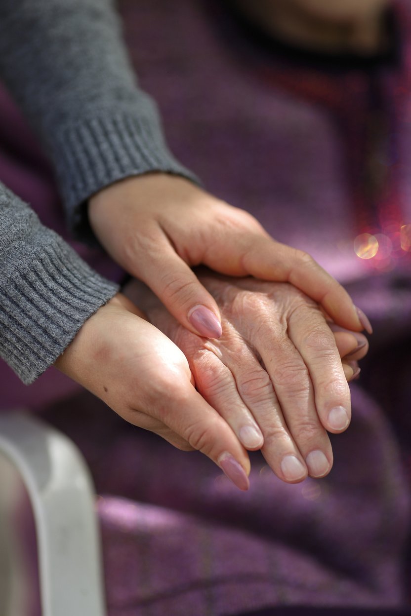 Young caregiver holding hand of an Alzheimer's patient. 